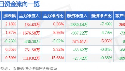 股票行情快报：中工国际（002051）8月11日主力资金净买入134.63万元