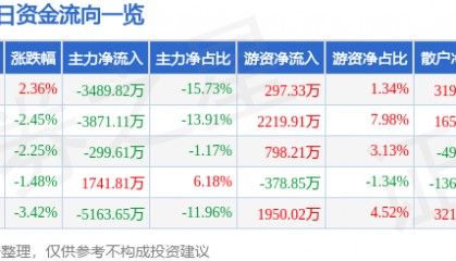 股票行情快报：星湖科技（600866）11月19日主力资金净卖出3489.82万元