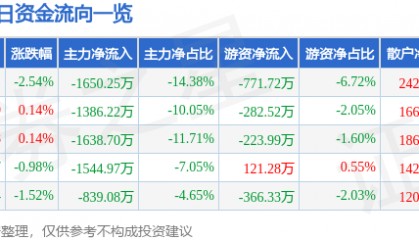 股票行情快报：中国高科（600730）12月13日主力资金净卖出1650.25万元