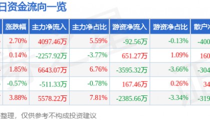 股票行情快报：锡业股份（000960）9月11日主力资金净买入4097.46万元