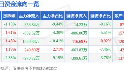 股票行情快报：三江购物（601116）5月21日主力资金净卖出858.84万元