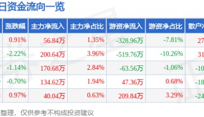 股票行情快报：三全食品（002216）1月13日主力资金净买入56.84万元