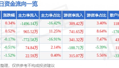 股票行情快报：泰山石油（000554）1月27日主力资金净卖出1496.14万元
