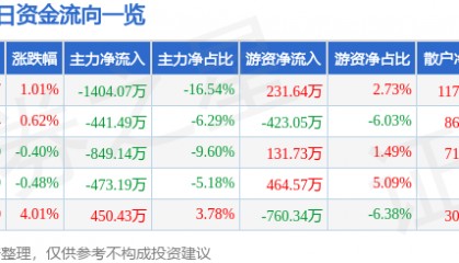 股票行情快报：德赛电池（000049）1月20日主力资金净卖出1404.07万元
