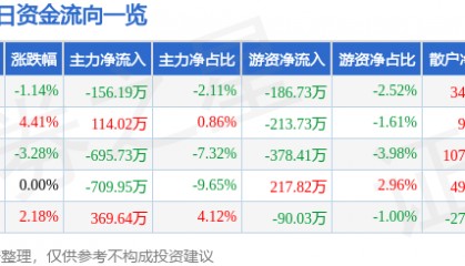 股票行情快报：泰山石油（000554）11月26日主力资金净卖出156.19万元