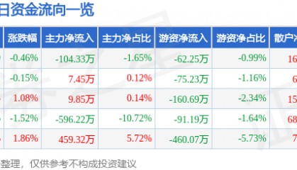 股票行情快报：大连热电（600719）2月14日主力资金净卖出104.33万元