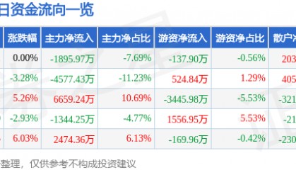 股票行情快报：三江购物（601116）4月16日主力资金净卖出1895.97万元
