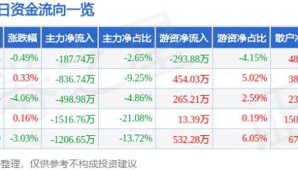股票行情快报：泰山石油（000554）12月19日主力资金净卖出187.74万元