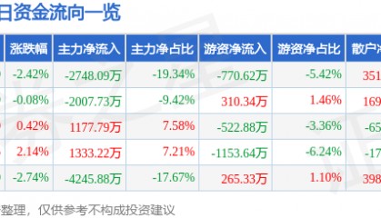 股票行情快报：三江购物（601116）3月13日主力资金净卖出2748.09万元