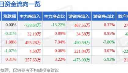 股票行情快报：深圳燃气（601139）5月21日主力资金净卖出738.64万元
