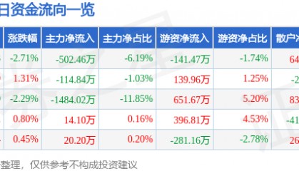 股票行情快报：德赛电池（000049）1月10日主力资金净卖出502.46万元
