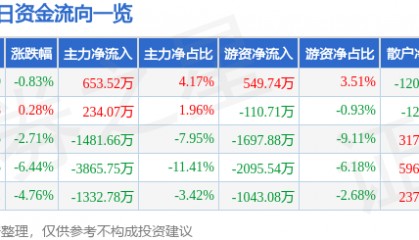 股票行情快报：三江购物（601116）4月28日主力资金净买入653.52万元