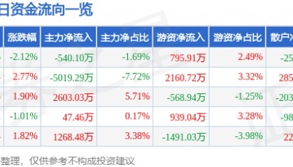 股票行情快报：兴发集团（600141）2月13日主力资金净卖出540.10万元