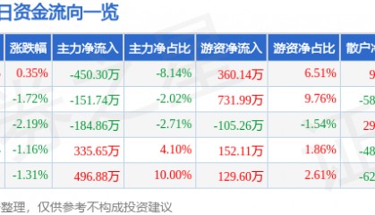股票行情快报：泰山石油（000554）1月6日主力资金净卖出450.30万元