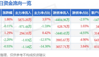 股票行情快报：东华软件（002065）8月13日主力资金净买入5875.20万元