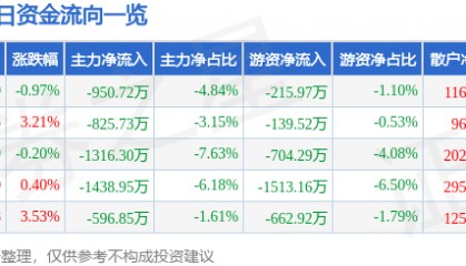 股票行情快报：森源电气（002358）2月13日主力资金净卖出950.72万元