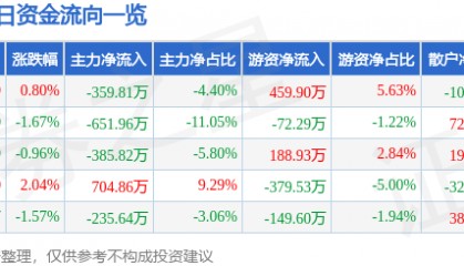 股票行情快报：三江购物（601116）3月31日主力资金净卖出359.81万元