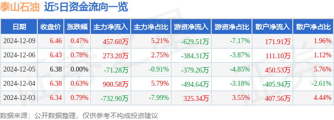 股票行情快报:泰山石油(000554)12月9日主力资金净买入457.60万元