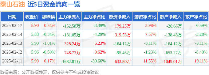 股票行情快报:泰山石油(000554)2月17日主力资金净卖出152.58万元