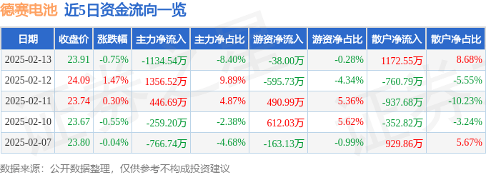 股票行情快报：德赛电池（000049）2月13日主力资金净卖出1134.54万元
