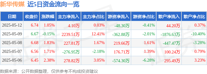 股票行情快报：新华传媒（600825）5月12日主力资金净买入4.10万元