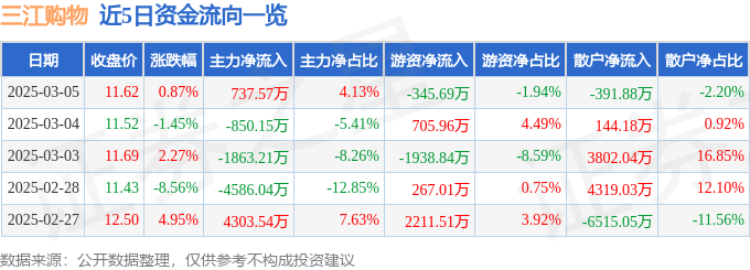 股票行情快报：三江购物（601116）3月5日主力资金净买入737.57万元