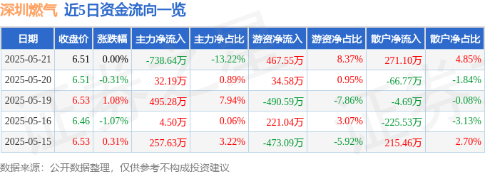 股票行情快报:深圳燃气(601139)5月21日主力资金净卖出738.64万元
