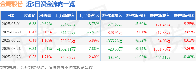 股票行情快报:金鹰股份(600232)7月1日主力资金净卖出384.63万元