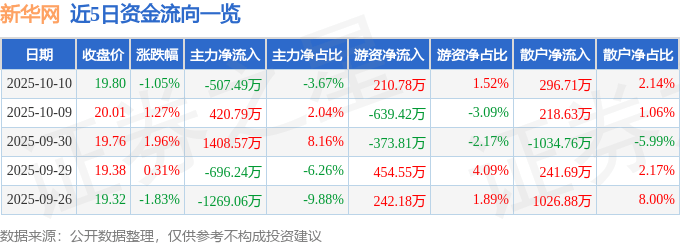 股票行情快报：新华网（603888）10月10日主力资金净卖出507.49万元