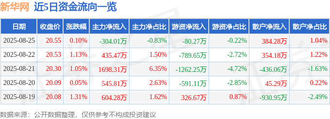 股票行情快报：新华网（603888）8月25日主力资金净卖出304.01万元