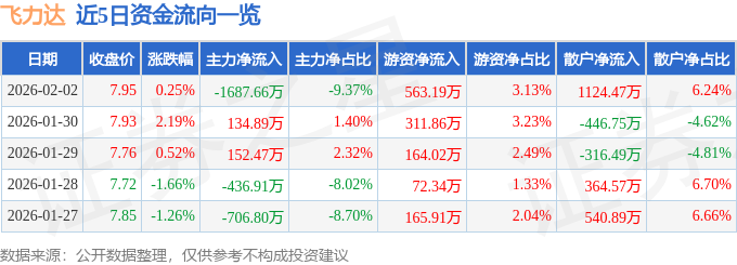 股票行情快报：飞力达（300240）2月2日主力资金净卖出1687.66万元